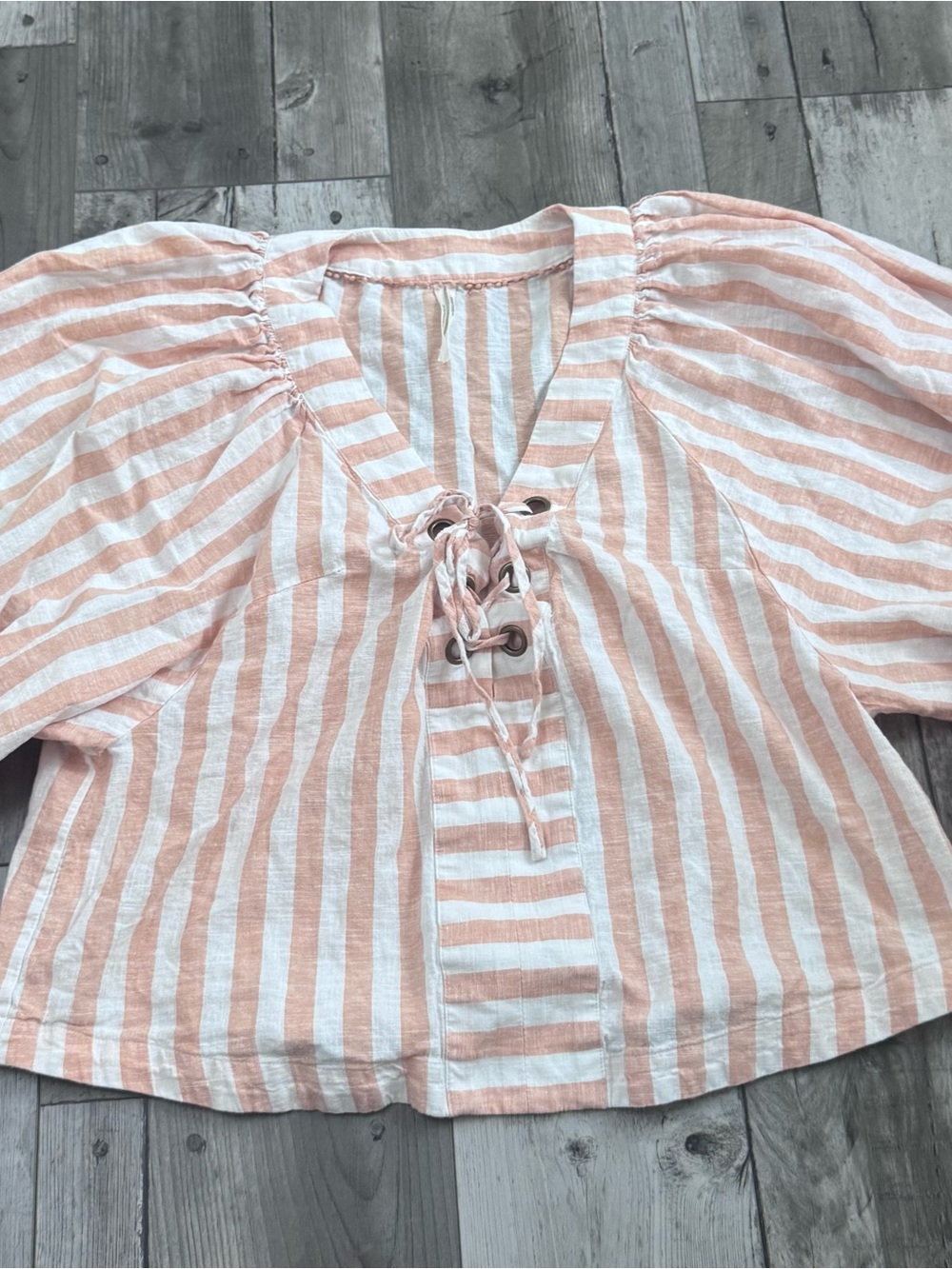 Anthropologie Linen Dolman Striped Lace-Up Peasant Blouse Light Blush & Cream - Picture 2 of 7